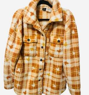 Disney Mickey Mouse Plaid Sherpa Fleece Shacket Shirt Jacket Orange & White